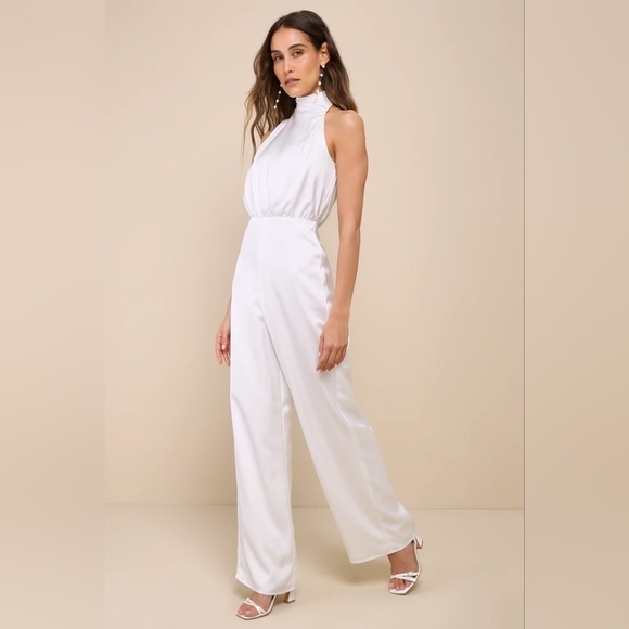 Lulus Stunning Promise White Satin Asymmetrical Wide-Leg Jumpsuit L Wedding - Picture 3 of 9